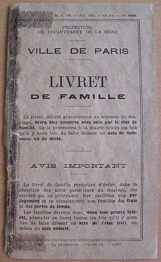 Couverture d'un livret de famille parisien de 1948