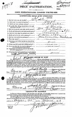 Joseph Keable's Canadian Expeditionnary Force Enlistment Document dated 20 March 1916.