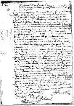 Marriage certificate of Marin Jannot and Françoise Besnard. Montreal, August 30, 1655